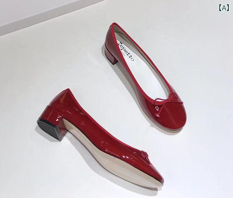 パンプス 女性用 ウェディング 丸トゥ クラシック エナメル 革 赤 リボン 蝶結び チャンキーヒール ミドルヒール 低カット 快適 軽量 伸縮性 吸湿速乾 通勤 普段使い