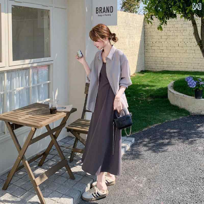 レディース 夏 UVカット シャツ ストラップ ワンピース セット グレー フレンチ ロング 丈 軽量 吸湿速乾 日常使い 涼しい 接触冷感 素材 ビッグシルエット トップス スカート 組み合わせ|リバーパディ