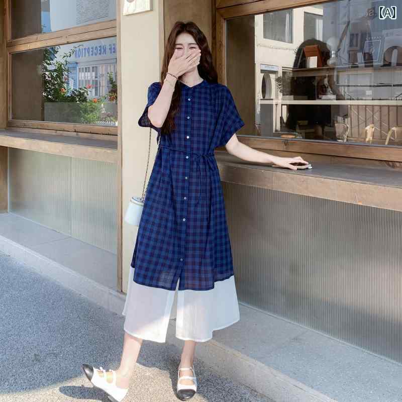 ワンピース 女性用 夏 韓国 チェック柄 切り替え ネイビー ロングスカート シャツ風 ファッション 上品 性 スタイリッシュ カジュアル 普段使い 軽量 通気性 綿素材