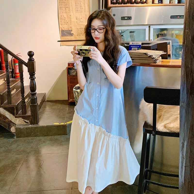 ワンピース レディース 短袖 ピンカラー 夏用 ゆったり スリム見え 甘美 シャツドレス ユニーク 配色 かわいい 軽やか 普段使い