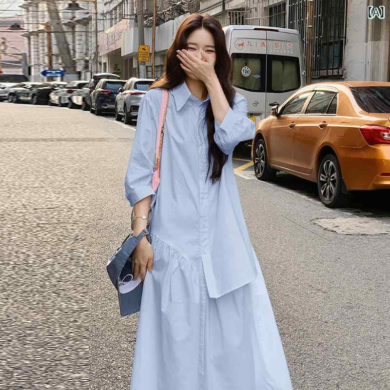 ワンピース レディース シャツ 春夏 ブルー ロング丈 かわいい 高級感 若見え ユニーク スタイリッシュ 軽やか シルエット