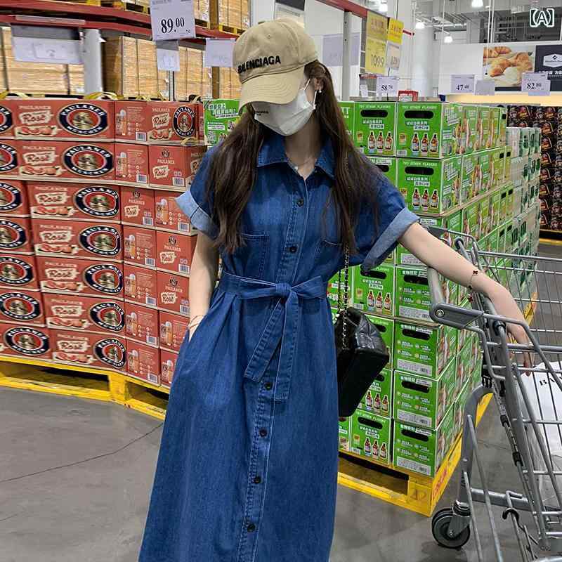 ワンピース レディース デニム 夏用 ロングドレス 収腰 ミリタリー 風 ワーク スタイル クール カジュアル かわいい 普段使い 軽量 伸縮性