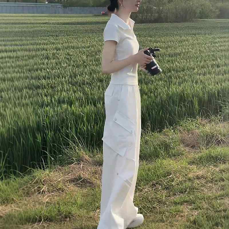 レディース カーゴパンツ アメリカン レトロ ホワイト 接触冷感 薄手 フィット スリム効果 カジュアル 夏用 裾絞り ミリタリー スタイル バギー シルエット