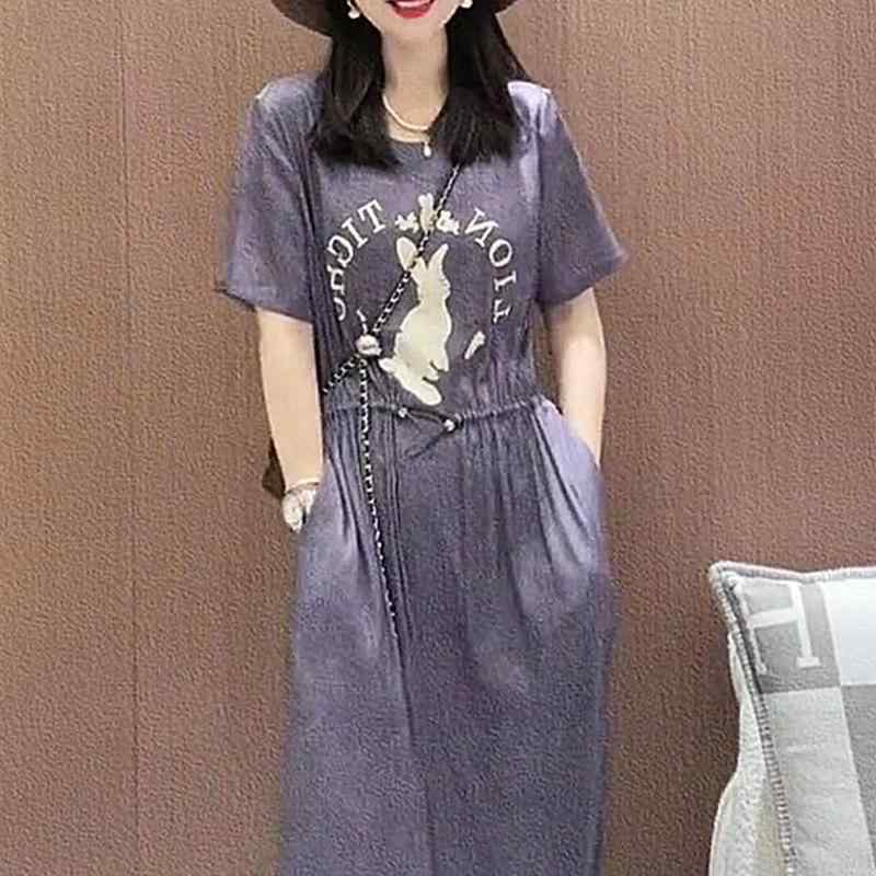 レディース 衣裳 夏 薄墨色 丸首 花柄 色彩設計 ロング ドローストリング 筋目 ビッグ大きさ 御前上等感 軽さ 伸縮性