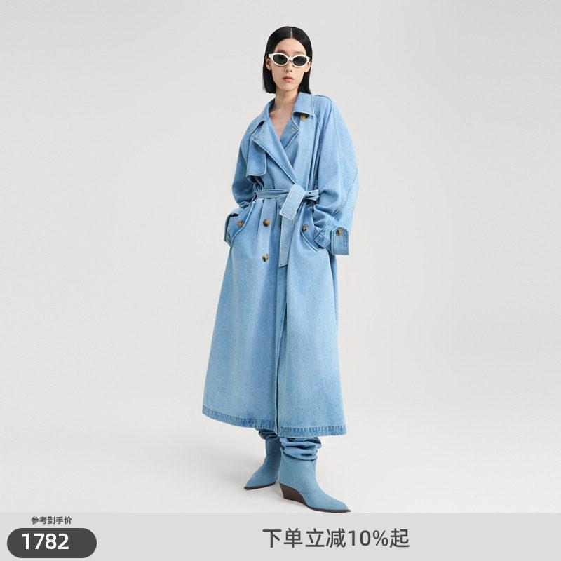 レディース ロング丈 ジーンズ トレンチコート ダブル前胸部 牛角名取り草 御膳上等感 心地好い アウター 普段使い走り 通い相応う 軽さ 原料品
