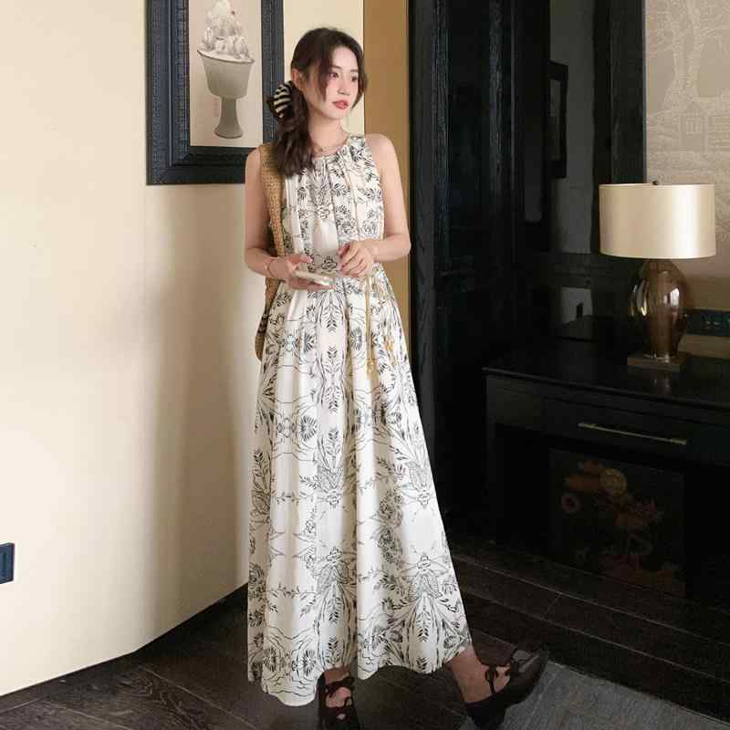 レディース ノースリーブ ロングワンピース レトロ 水墨風 花柄プリント クール系 高級感 リゾート風 夏 マキシ丈 エレガント スタイル｜リバーパディ