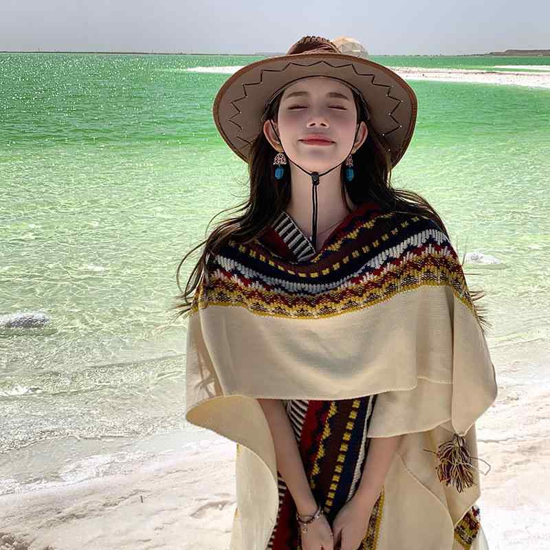 レディース ボヘミアン ショール ケープ 民族風 異国情緒 アウター 旅行 コーディネート 草原 スタイル 写真撮影 用 軽やか