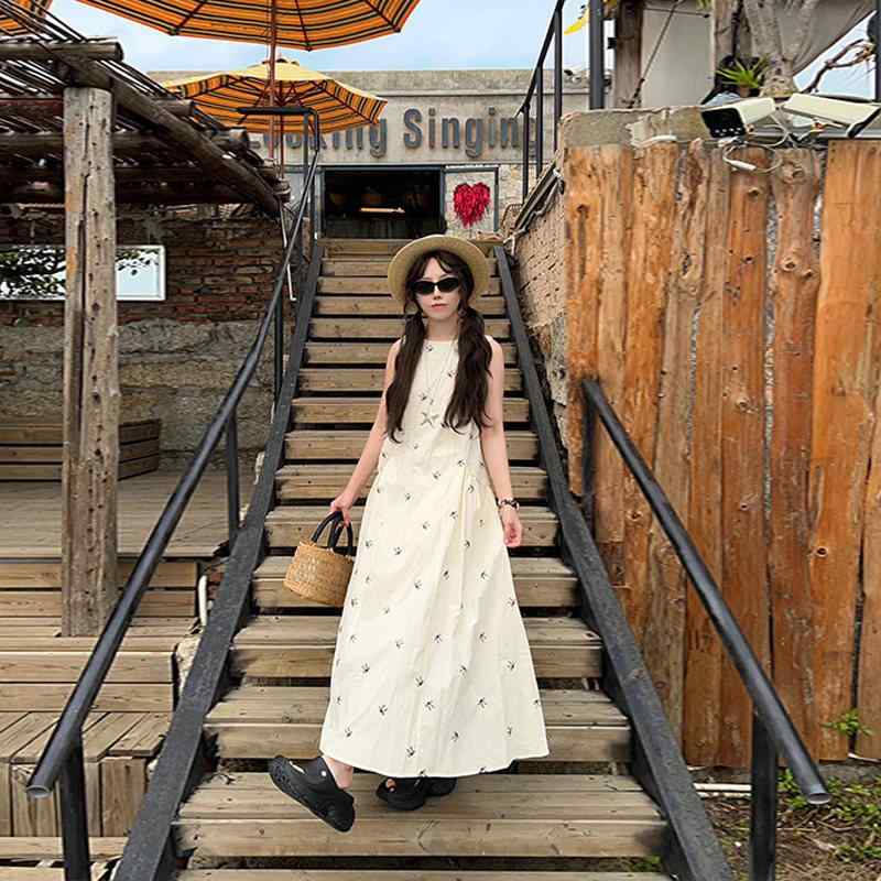 レディース 夏 ノースリーブ 衣装 フレンチ表現スタイル ロング御召しもの 分かりやすい 窈窕たる 小っちゃい相応う たまり場 砂浜 口さかしい 綿織物混 ご機嫌酉の方角 膝下丈 ゆったり影ぼうし