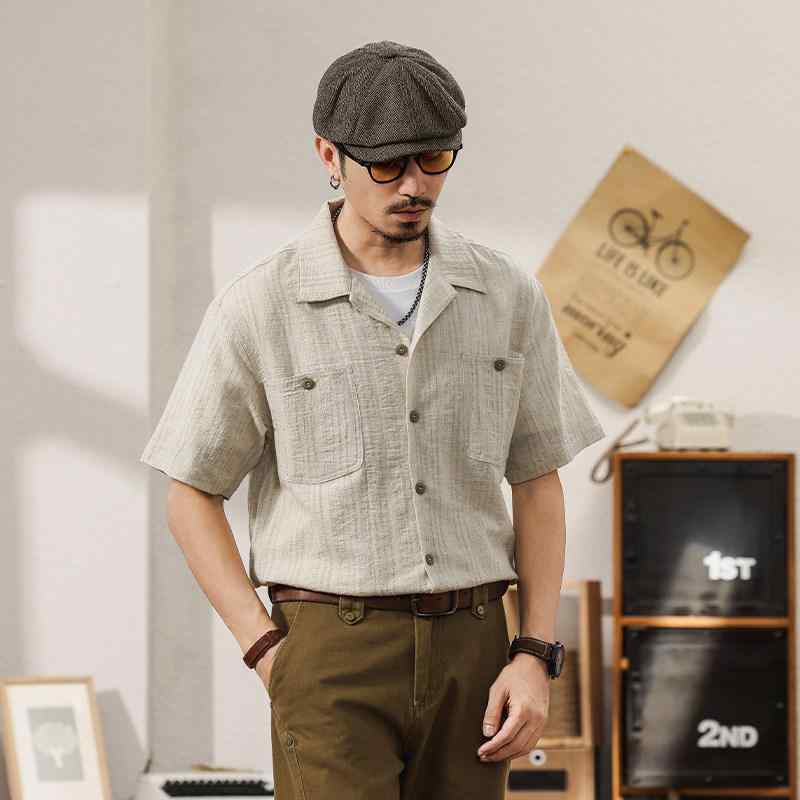 プルオーバー 成人男性用 夏 リネン 縞模様 半袖 薄っぺら 通気性 吸湿速乾 キューバ共和国色つや 連合王国風 心地よい 軽さ トップス