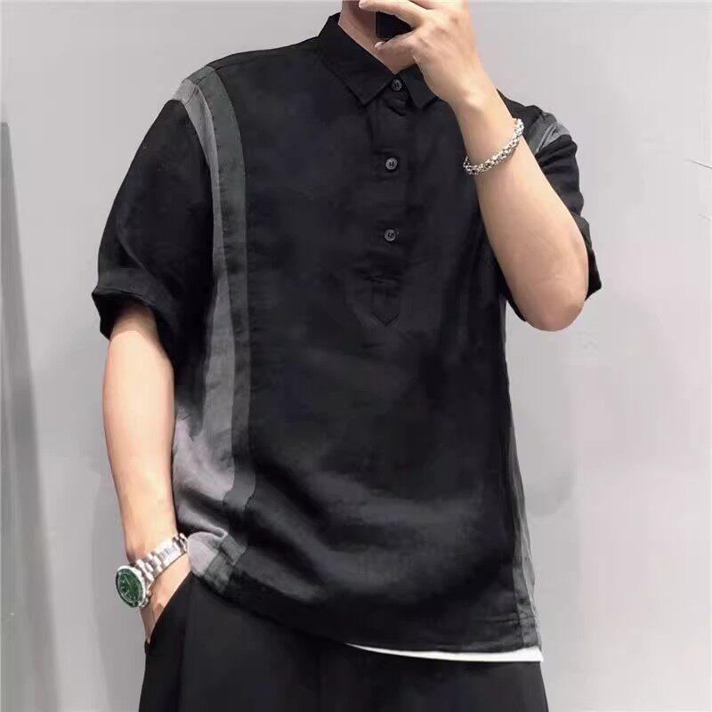 Tシャツ ユニセックス 夏用 リネン コットン 半袖 ゆったり 切り替え コントラストカラー カジュアル トップス 吸湿速乾 軽量 ビッグシルエット