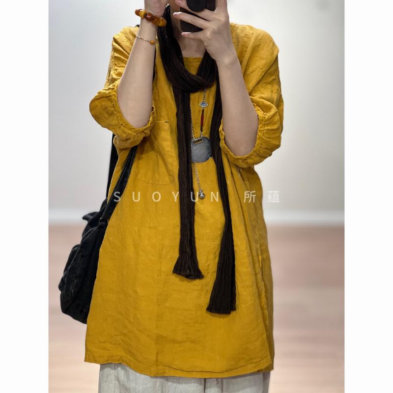 プルオーバー 夏 リネン トップス レトロ 労働者の一団のど首 分かりやすい 中長丈 半袖 側面細長い切口 通気性 軽さ 麻原料品 心地よい 亭主もち用