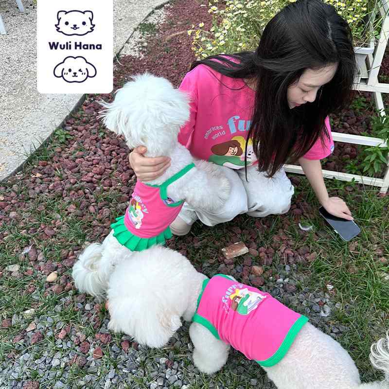 ペット服 小型犬用 猫用 親子装 プリントコットン ベスト 吊帯 かわいい 軽量素材 通年使用 室内外出兼用