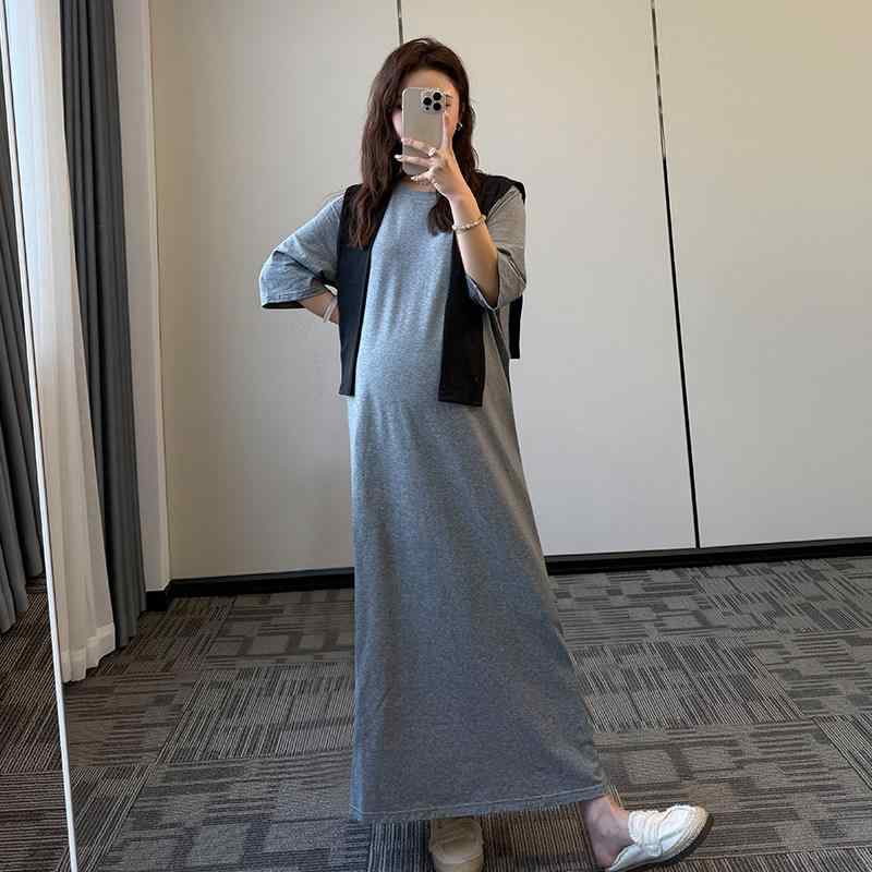 妊婦用 衣裳 薄墨色 丸首 短袖 ゆったり ロング丈 分かりやすい 表現スタイル 心地好い 伸び伸びする 好いたらしい 日常使い走り 伸縮性 原料品