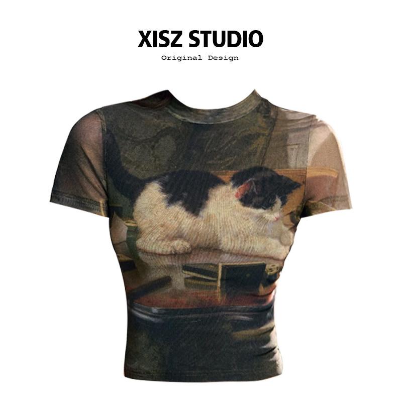 Tシャツ レディース 夏 レトロ 猫プリント ウエストシェイプ ストレッチ 正肩 半ハイネック スリム ショート丈 カジュアル トップス スタイルアップ 日常使い 軽量