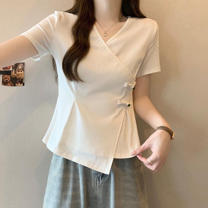 レディース 夏用 短袖 Tシャツ ゆったり 大きめサイズ お腹カバー スリム効果 サイドスリット アシンメトリックボタン 正肩 トップス ユニーク 軽量 吸湿速乾 接触冷感 普段使い