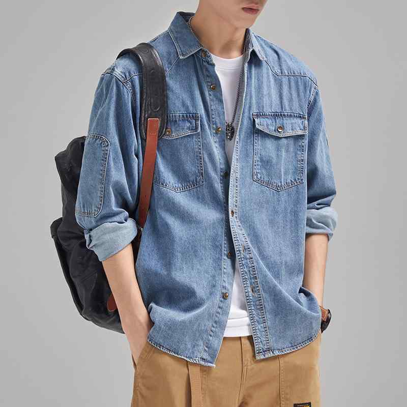 メンズ 秋冬 牛仔シャツ 長袖 トップス ジャケット コート 男性用 デニム素材 切り替え 軽量 伸縮性 吸湿速乾 カジュアル 普段使い 通勤 通年 アウトドア ブラック ブルー グレー ビッグシルエット Vネック ハイウエスト ラウンドネック