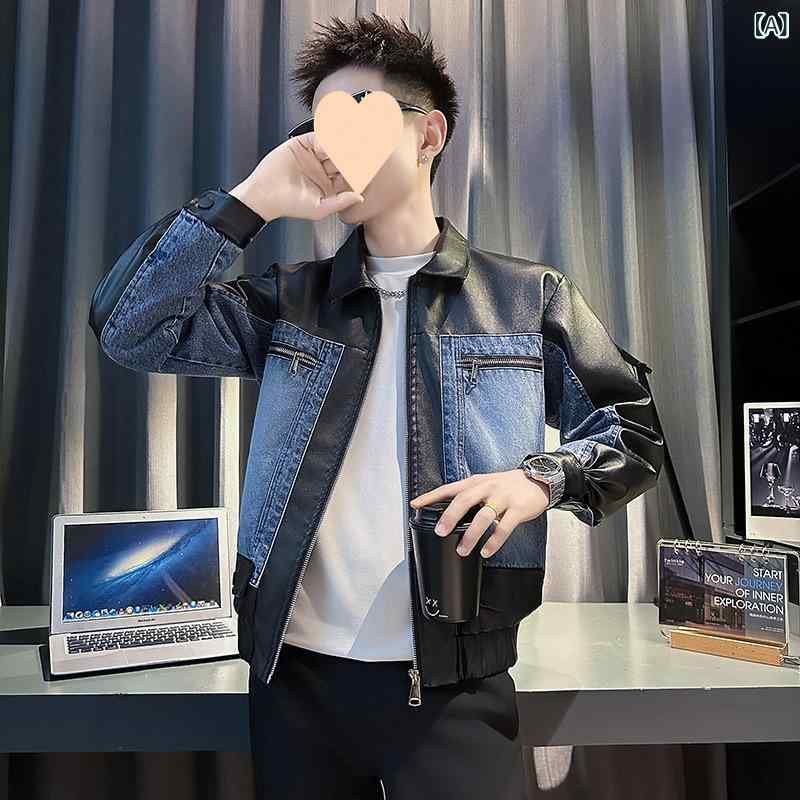 メンズ コート 牛仔ジャケット 秋冬 切り替え 韓国 短め シルエット デニム素材 軽量 伸縮性 吸湿速乾 ブラック ブラウン グレー カジュアル 普段使い アウトドア 通勤用