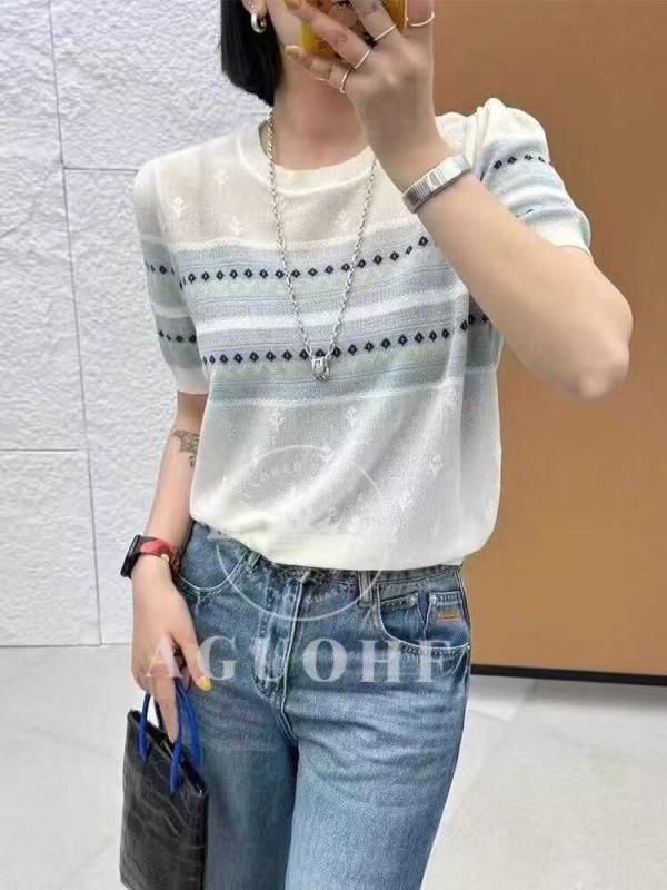 レディース 春夏 クルーネック ストライプ オーガンジー ニット Tシャツ ショートスリーブ トップス ファッション スリム 軽やか 透け感 合わせやすい カジュアル 普段使い