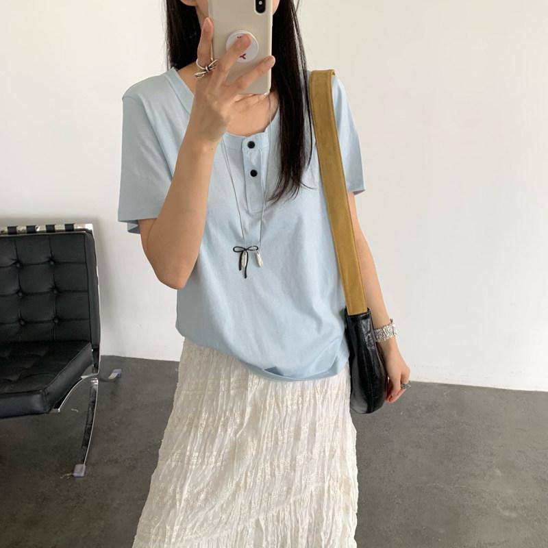 Tシャツ レディース 夏 ゆったり スリム効果 丸首 ボタン 短袖 ニット トップス ファッション カジュアル 普段使い 軽量 伸縮性