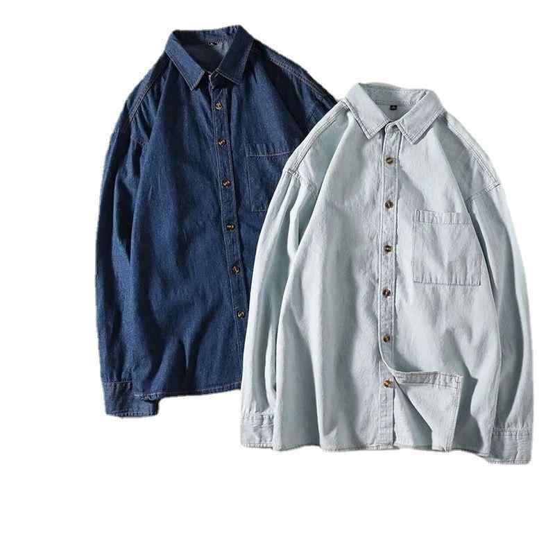 メンズ シャツ トップス 牛仔 デニム 長袖 ゆったり フィット 春夏 復古 日系 洗い加工 無地 男性用 普段使い 軽量 伸縮性 通勤 カジュアル スタイル