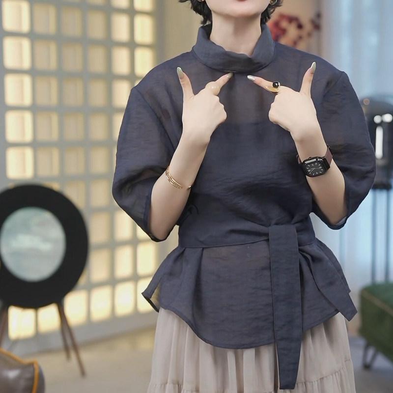 レディース シャツ トップス スタンドカラー 短袖 リボン 韓国 収腰 スリム 上品 夏 カジュアル 通勤用 軽やか シルエット