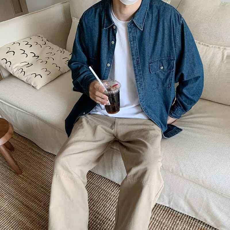 メンズ シャツ トップス 牛仔 デニム 素材 ゆったり フィット 工装 ミリタリー スタイル 春秋 オールシーズン 男性用 普段使い 軽量 通勤 カジュアル 伸縮性 吸湿速乾 切り替え ビッグシルエット ブラック グレー ネイビー ベー