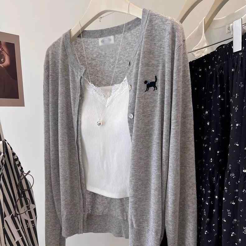 カーディガン レディース 夏用 ニット ゆったり ルーズフィット 韓国風 薄手 軽量 刺繍 犬モチーフ 羊毛 無地 UVカット 日焼け防止 冷房対策 室内用 再生繊維 トップス