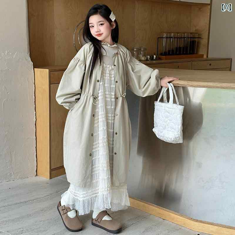トレンチコート 女の子用 韓国 春秋 中長丈 キッズ アウター スタイリッシュ おしゃれ かわいい ファッション 通学 日常使い ジュニアサイズ 子供服 モダン