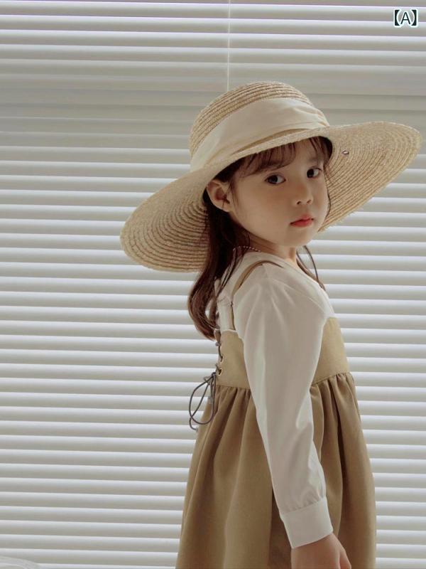 キッズ 春夏 草編み帽子 蝶結び 紐 UVカット 日よけ ビーチ バカンス 日常使い コーディネート 軽量 涼しい 麦わら風