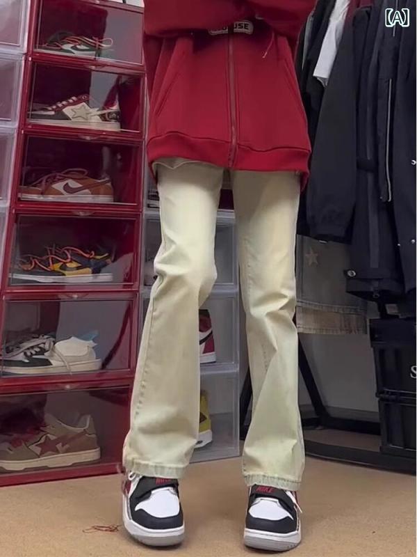 ジーンズ メンズ レトロ 夏用 微フレア ストレートパンツ 黄土色 スリムシルエット ロングレッグ効果 デニム カジュアル 普段使い 軽量 伸縮性