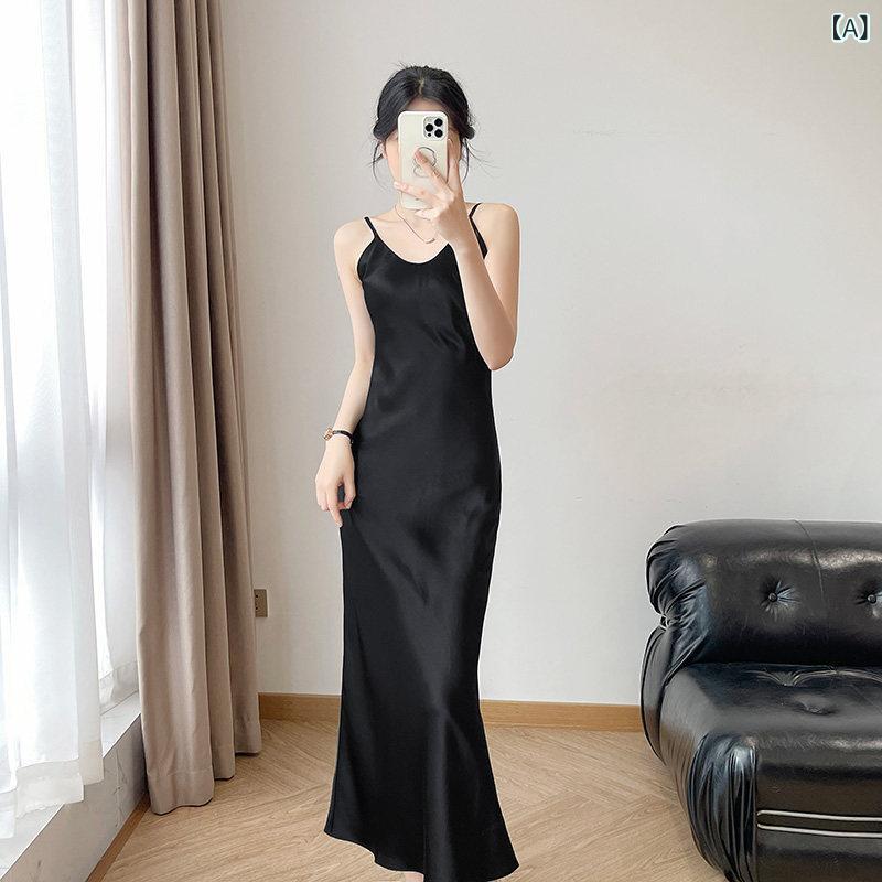 レディース ワンピース 春夏 上品 スリムフィット ウエストシェイプ アセテートサテン ロング丈 Uネック ストラップ キャミソール 光沢素材 ボディライン 強調 女性らしい シルエット