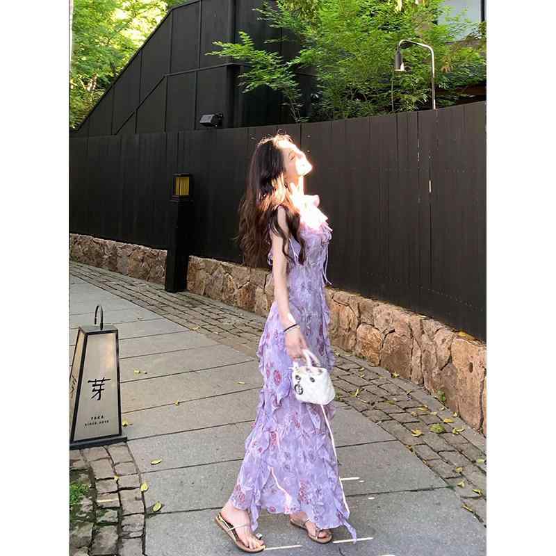 衣裳 レディース 夏 紫 シフォン フラウンス 同盟罷業さあ美 ロング御召しもの か細い相応う 表現スタイル引き上げる 溜まり場 砂浜御召しもの 口さかしい お上さんらしい 影ぼうし