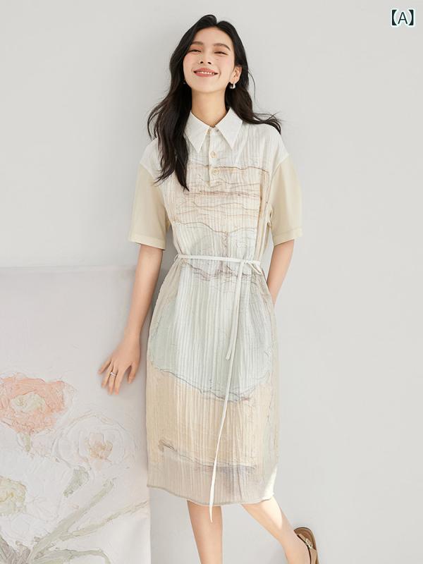 レディース シャツワンピース 夏 白 収腰 質感 軽量 綿素材 膝丈 シンプル トップス ドレス 普段使い 涼しい 吸湿速乾｜リバーパディ