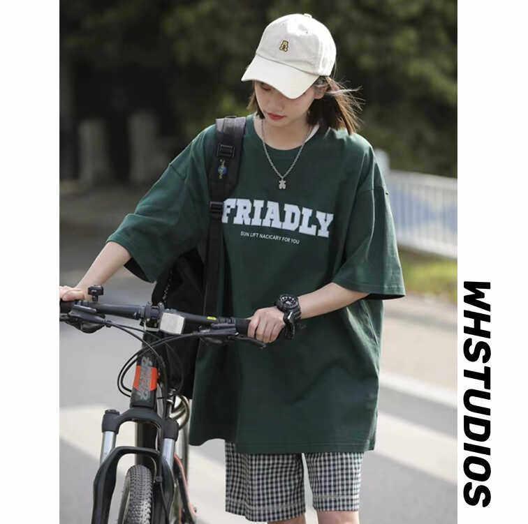 レディース 夏用 アメリカンスタイル ゆったり オーバーサイズ 短袖 Tシャツ 厚手 生地 カジュアル トップス 学生向け コットン 素材 軽量 吸湿速乾