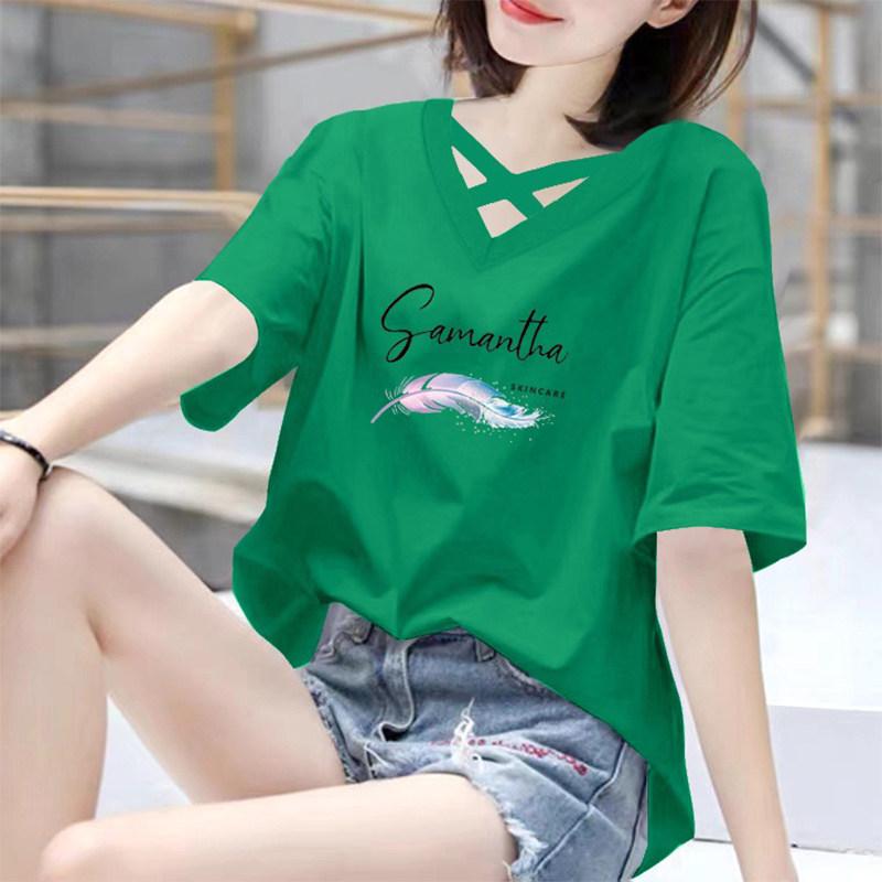 Tシャツ レディース 夏用 Vネック 綿100% 薄手 プリント柄 ゆったり 大きめサイズ 半袖 カジュアル 普段使い フィット 軽量 吸湿