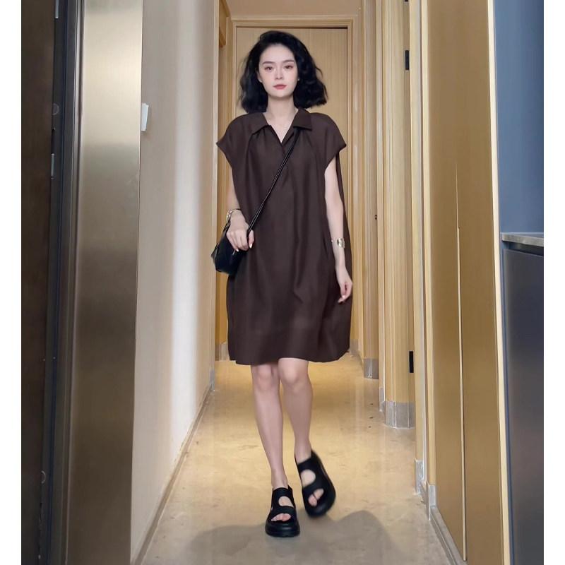 ワンピース レディース 短袖 ポロ襟 シャツスカート ストレート ショート レトロ ブラウン ゆったり 小柄対応 春 カジュアル 普段使い