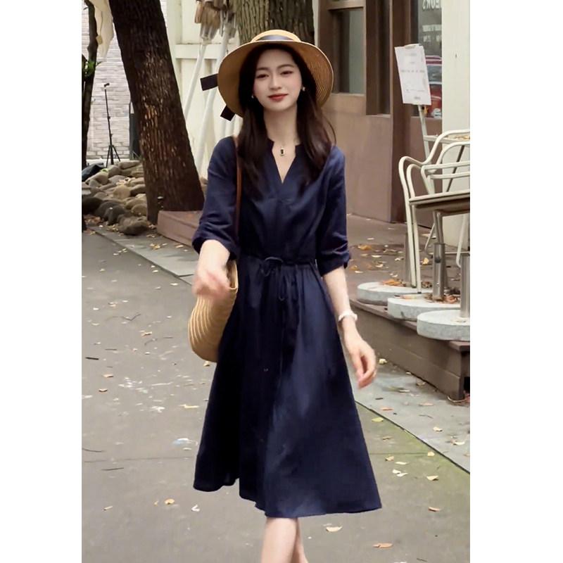 ワンピース レディース ネイビー シャツワンピース 夏用 ペティート 高級感 上品 カジュアル 軽量 吸湿速乾 綿素材