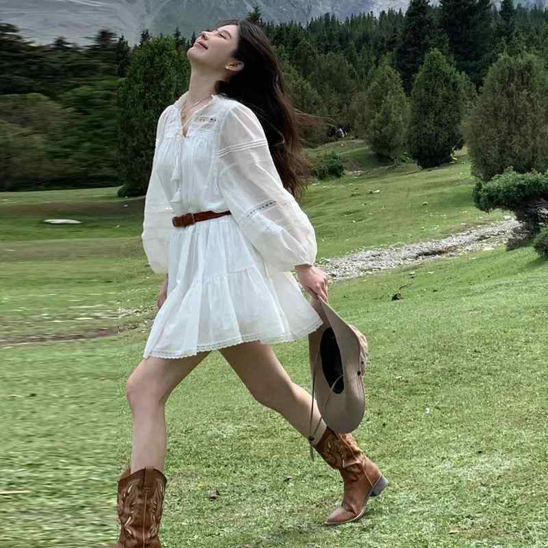 ワンピース レディース 夏 ホワイト シャツスタイル ウエストベルト 収腰 薄手 長袖 ミニ丈 低身長対応 軽量 通勤 普段使い フレンチ カジュアル