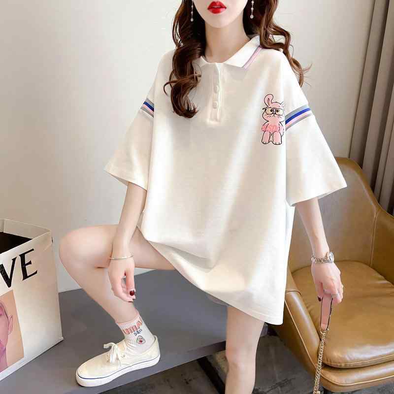 レディース 夏 ゆったり ポロカラ 半袖 Tシャツ ホワイト 大きめサイズ かわいい キャラクター柄 ミドル丈 カジュアル 普段使い 軽量 ソフト トップス 4,922円