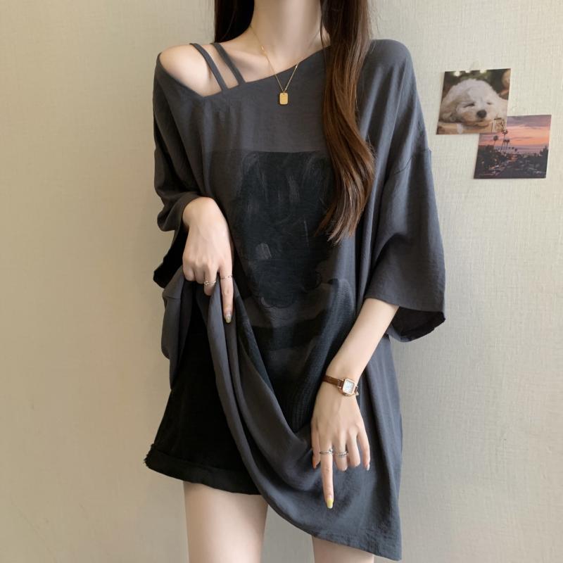 レディース トップス オフショルダー 短袖 Tシャツ 大きいサイズ ゆったり 中長丈 夏用 カジュアル 肩出し 涼しい