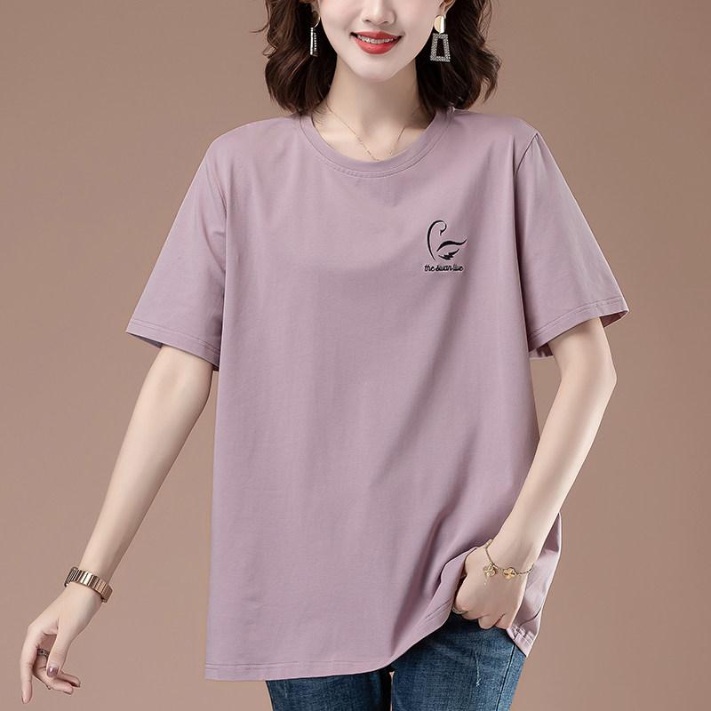 トップス 女性用 綿 短袖 ゆったり 大きめサイズ 中長丈 夏用 コットン Tシャツ 吸湿 快適 日常使い
