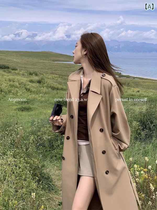 トレンチコート 女性用 小柄対応 高級感 カーキ色 春秋 韓国 ブリティッシュスタイル 中長丈 上品 アウター エレガント シルエット コットン混 軽量 カジュアル