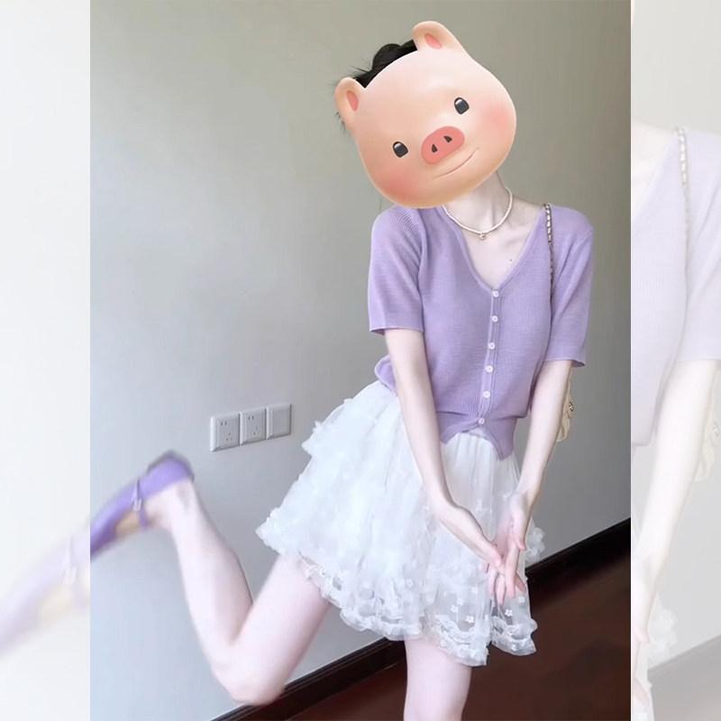 トップス レディース 夏用 接触冷感 ニット 半袖 Vネック Tシャツ パープル ショート丈 薄手 ウエストマーク ビビッドカラー 普段使い 伸縮性 軽量 かわいい シルエット