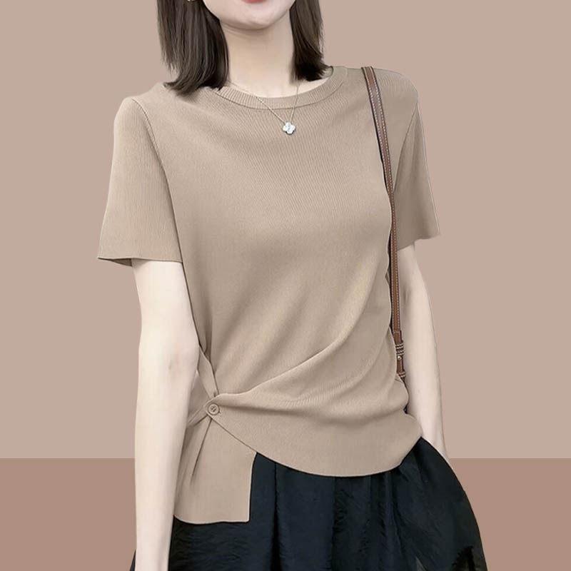 Tシャツ レディース 接触冷感 ニット 短袖 正肩 夏用 不規則裾 欧州風 軽量 伸縮性 おしゃれ カジュアル トップス ブラウス