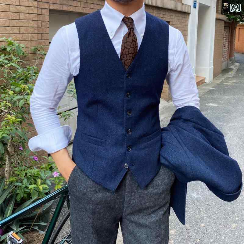 ベスト メンズ 秋冬 暖か ウール スリムフィット ヘリンボーン柄 スーツ ビジネス カジュアル 合わせやすい インナー トップス