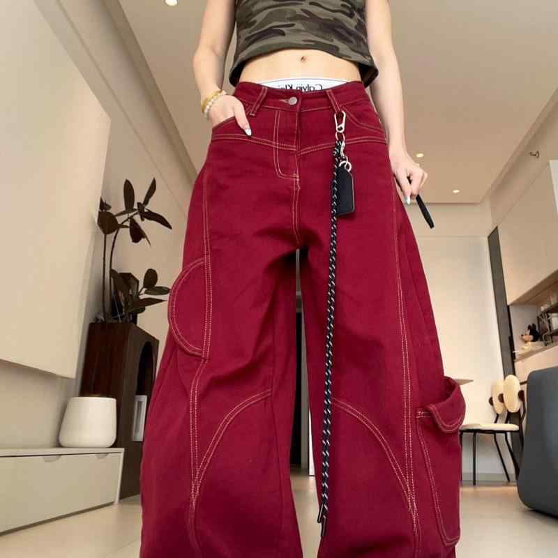 レディース 赤 ビンテージ ジーンズ ワイドレッグ カーゴパンツ 相応う 明線編み目 取りこわす アメリカン表現スタイル ゆったり 心地好い 普段使い走り ジーンズ原材料 伸縮性