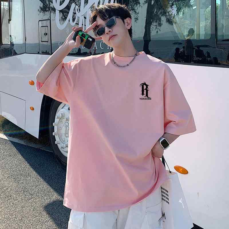 Tシャツ メンズ 短袖 ピンク系 綿100% ゆったり 大きめ 夏用 カジュアル ストリート トップス アメリカンスタイル かわいい 吸湿速乾