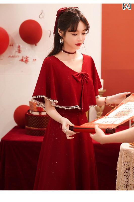 レディース ウェディングドレス 大きいサイズ 花嫁敬酒服 ワインレッド 婚約礼服 スカート パーティー用 エレガント 高級感 ぽっちゃり対応 フォーマル イブニングパーティー 膝丈 伸縮性 吸湿速乾|リバーパディ