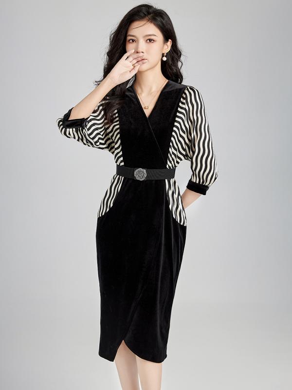 ワンピース 女性用 冬 秋冬 復古 ストライプ 切り替え ベルベット ブラック ロングドレス 暖か 柔らか素材 膝下丈 フレアシルエット 通勤 普段使い フォーマル|リバーパディ