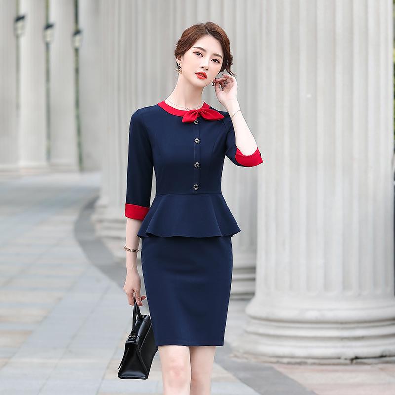 ワンピース レディース 春夏 中袖 職業服 ホテル前台 ジュエリーショップ 美容師 仕事着 ストレッチ 吸湿速乾 接触冷感 膝丈 シンプル ブラック ネイビー グレー 通勤用 普段使い